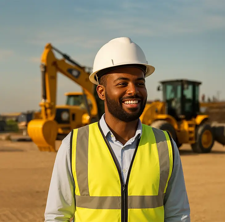 Homme portant un casque de chantier et un gilet de sécurité, sur un site de construction avec des CAT en arrière-plan