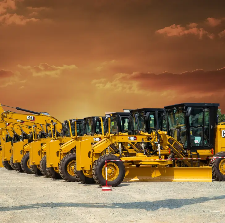 Alignement de niveleuses Cat jaunes stationnées sur un dépôt, sous un ciel orangé en fin de journée